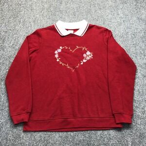 Adrian Delafield Red Floral Heart Embroidered Sweatshirt White Polo Collar M